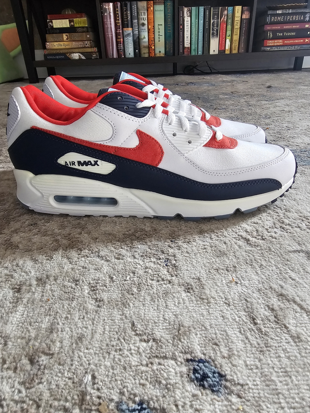 Nike Air Max 90 White,Jean Midnight Navy Chile Red Mens Sneakers Size 13 NIB